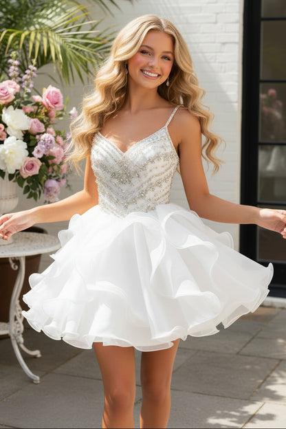 Beaded Sweetheart Ruffled Organza Mini Dress