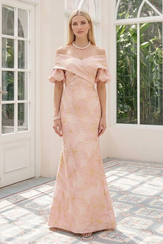 Off-the-Shoulder Floral Jacquard Gown