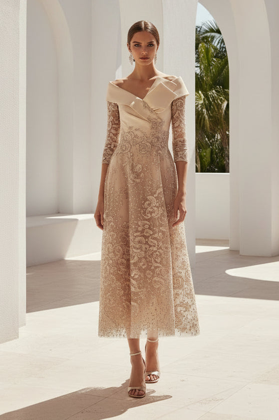 Asymmetrical Off-the-Shoulder Tea-Length A-Line Dress