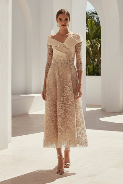 Asymmetrical Off-the-Shoulder Tea-Length A-Line Dress