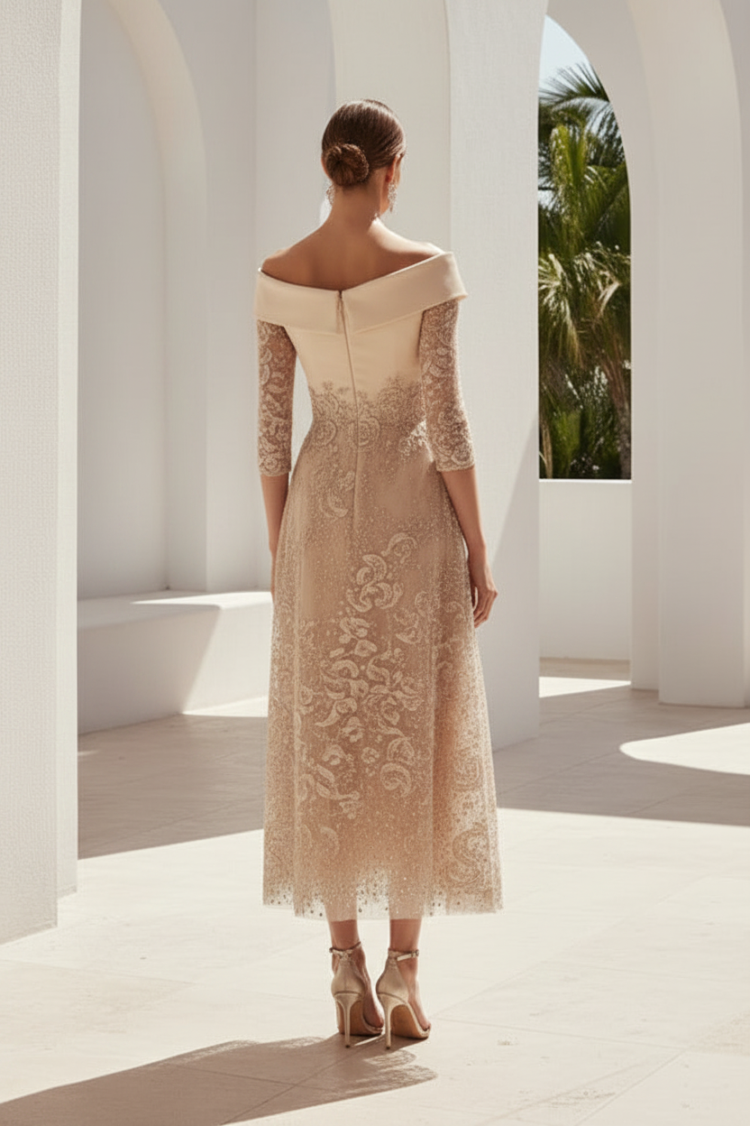 Asymmetrical Off-the-Shoulder Tea-Length A-Line Dress