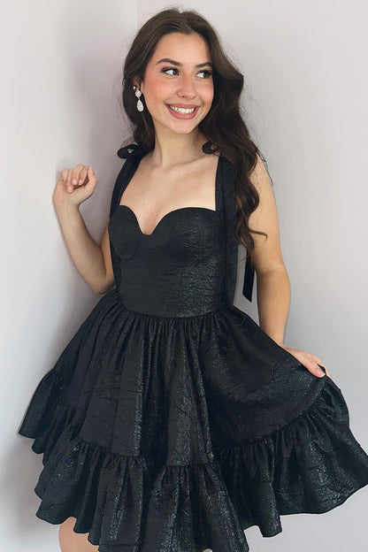 Metallic Tie-Strap Sweetheart Ruffle Mini Dress