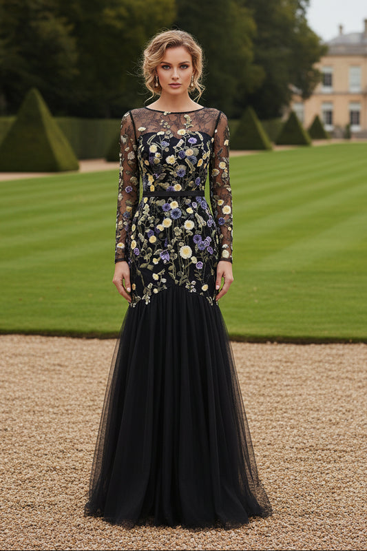 Floral Embroidered Illusion Long Sleeve Mermaid Gown