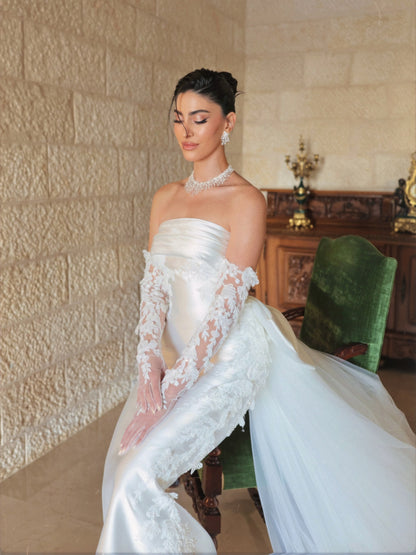 Strapless Satin Wedding Dress with Lace Train