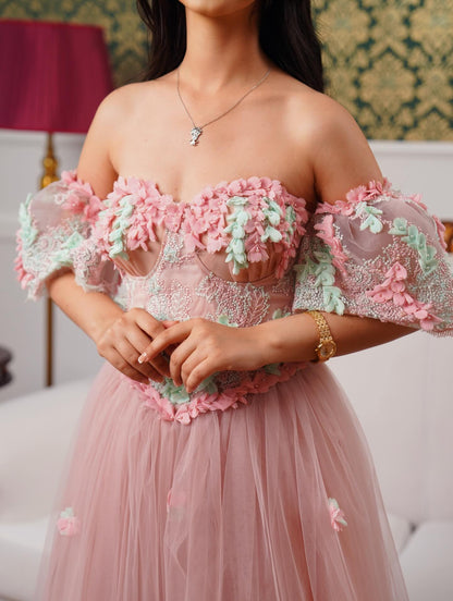 Romantic 3D Flower Tulle Corset Ball Gown