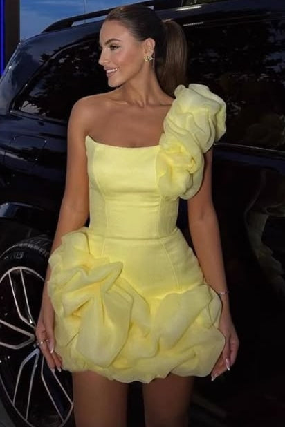 One-Shoulder Ruffled Bubble Mini Dress