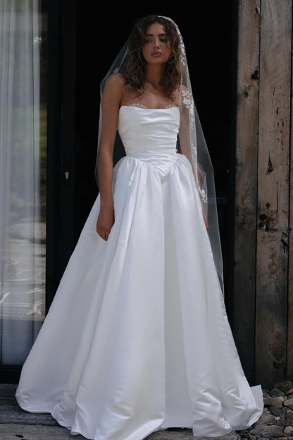 Strapless Ruched Satin Ball Gown Wedding Dress
