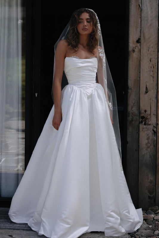 Strapless Ruched Satin Ball Gown Wedding Dress