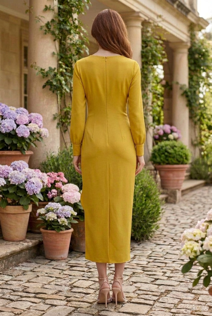 Rosette Draped Long Sleeve Maxi Dress