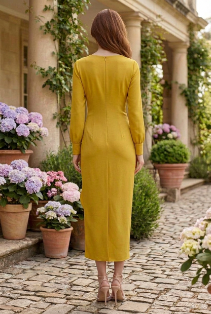 Rosette Draped Long Sleeve Maxi Dress