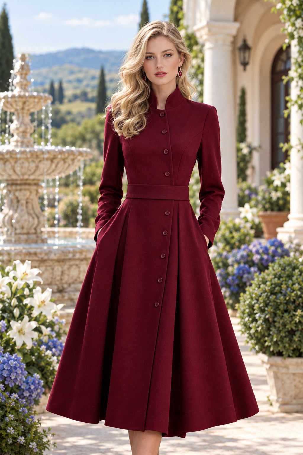 A-Line Coat Dress with Stand Collar and Bow