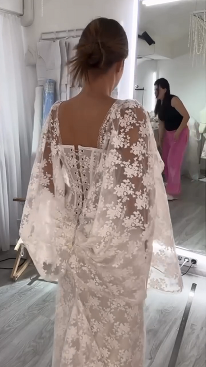 Lace Corset Wedding Dress with Draped Sleeves