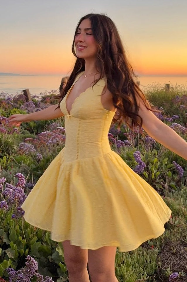 Scalloped V-Neck Fit and Flare Mini Dress