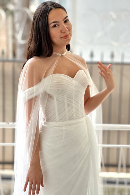 Off-The-Shoulder Tulle Corset Wedding Dress with Cape