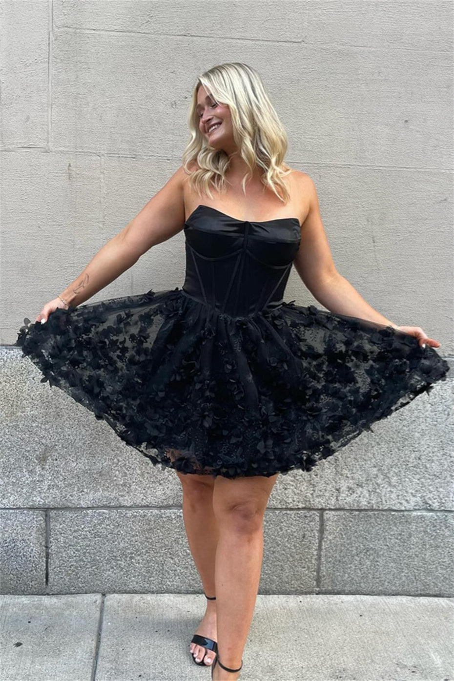 Strapless Corset Mini Dress with 3D Floral Appliques