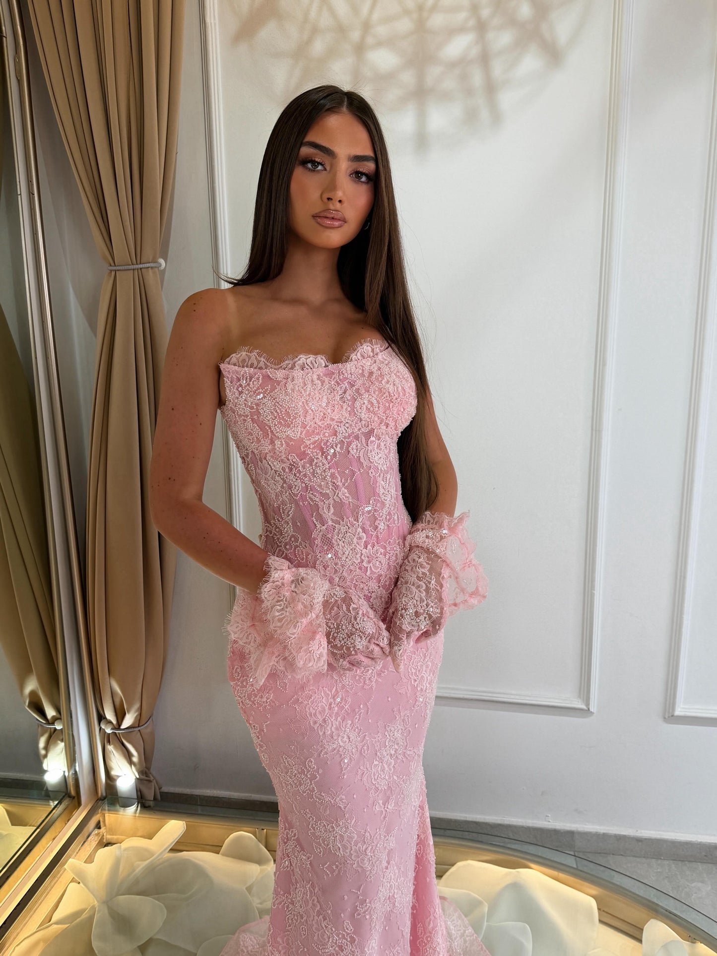 Strapless Lace Mermaid Evening Gown with Corset Bodice