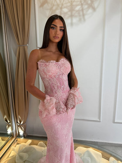 Strapless Lace Mermaid Evening Gown with Corset Bodice