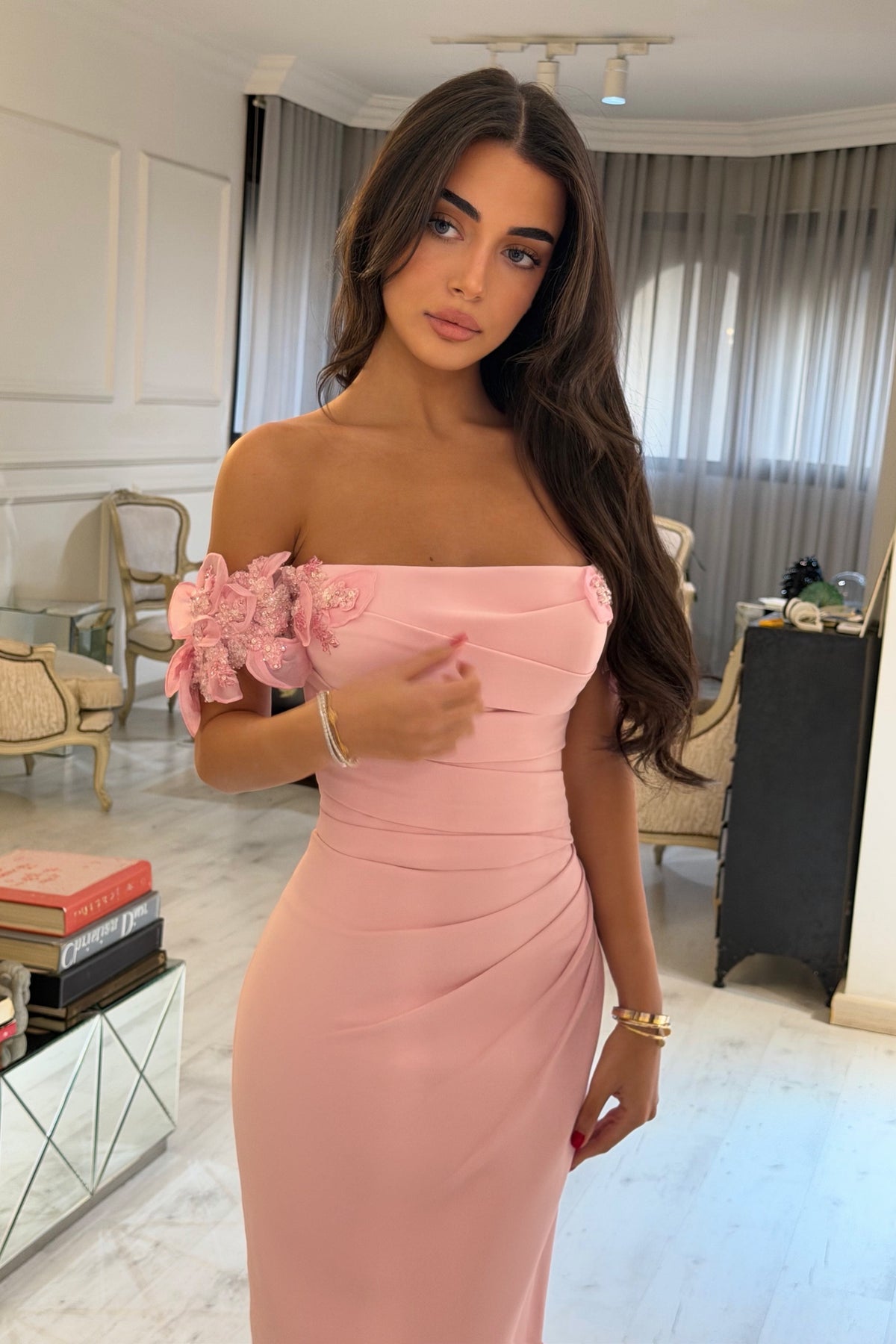 Off-the-Shoulder Floral Applique Ruched Dress