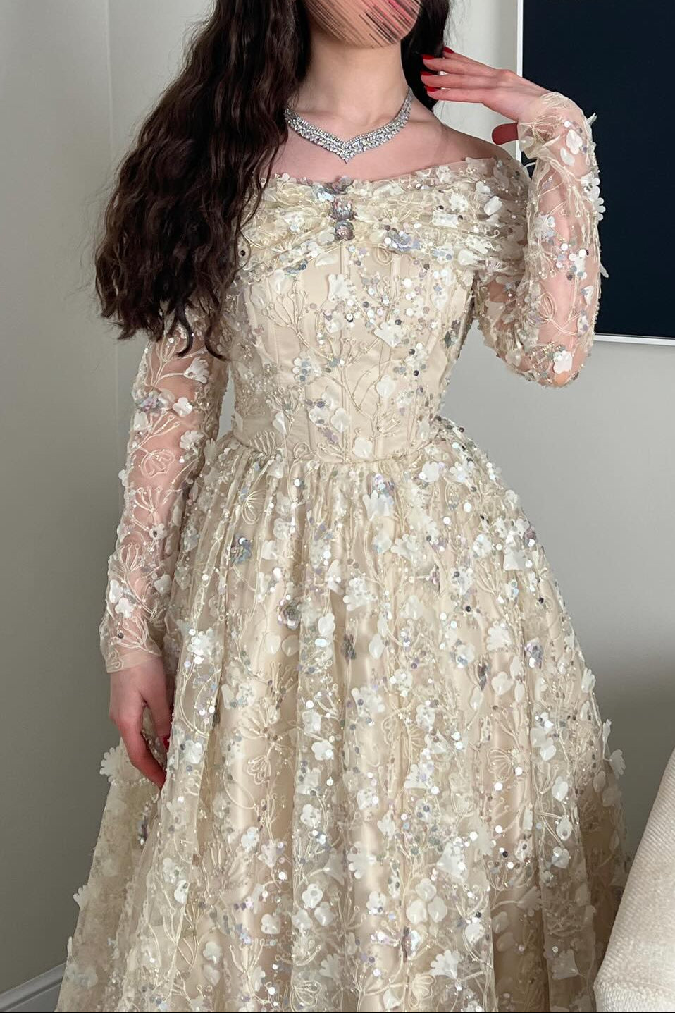 Off-the-Shoulder 3D Floral Lace Tea-Length Dress