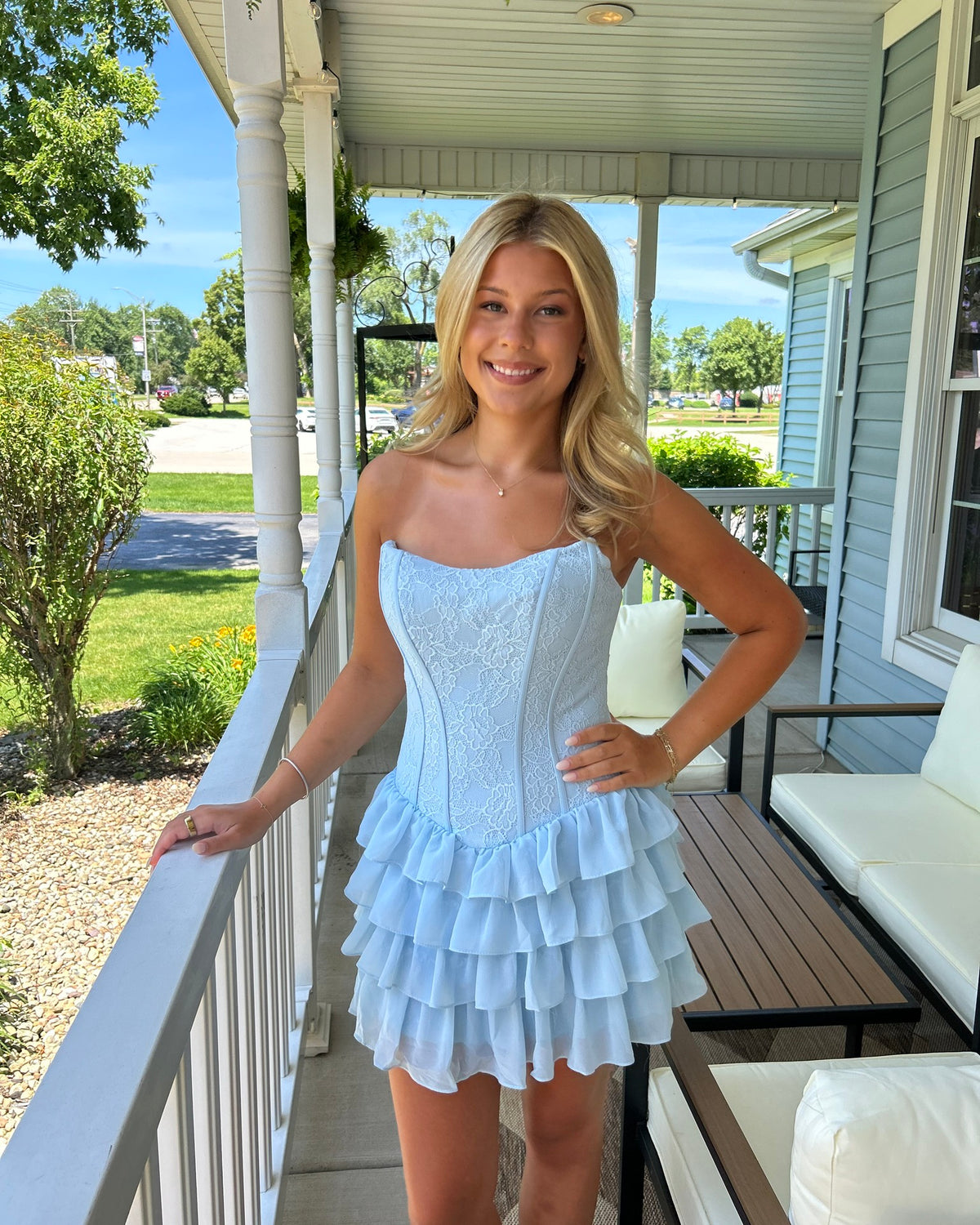 Strapless Lace Corset Tiered Ruffle Mini Dress