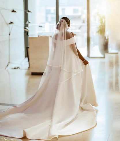 Off-the-Shoulder Pleated Satin Ball Gown Wedding Dress