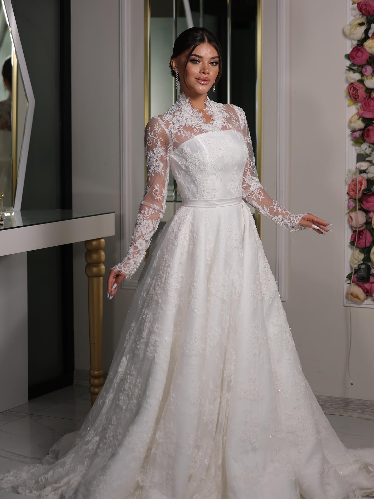 High-Neck Lace A-Line Wedding Dress with Long Sleeves