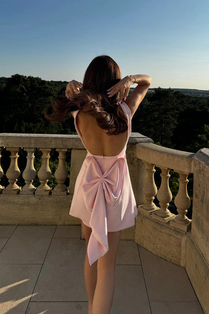 Open Back Mini Dress with Pearls and Statement Bow