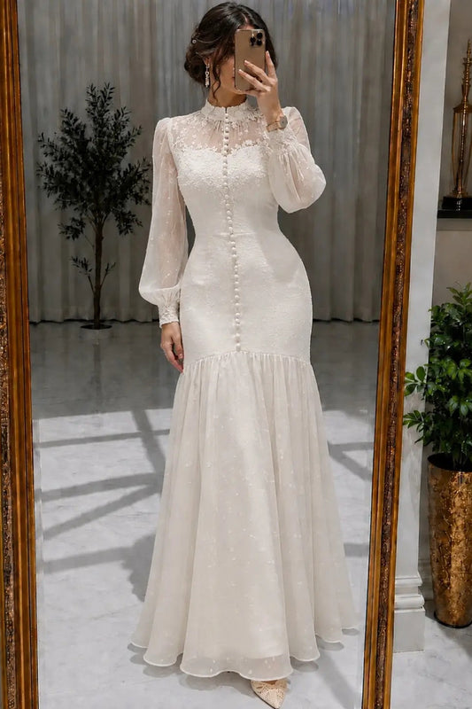 High-Neck Lace-Up Mermaid Gown with Long Sleeves