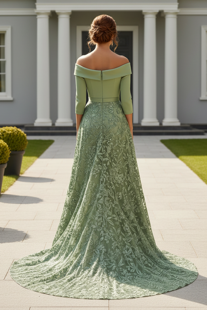Off-the-Shoulder Embroidered Gown with Overskirt