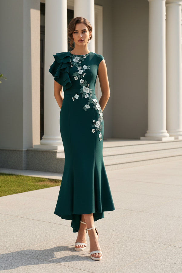 Asymmetrical Ruffled Floral Embroidered Midi Dress