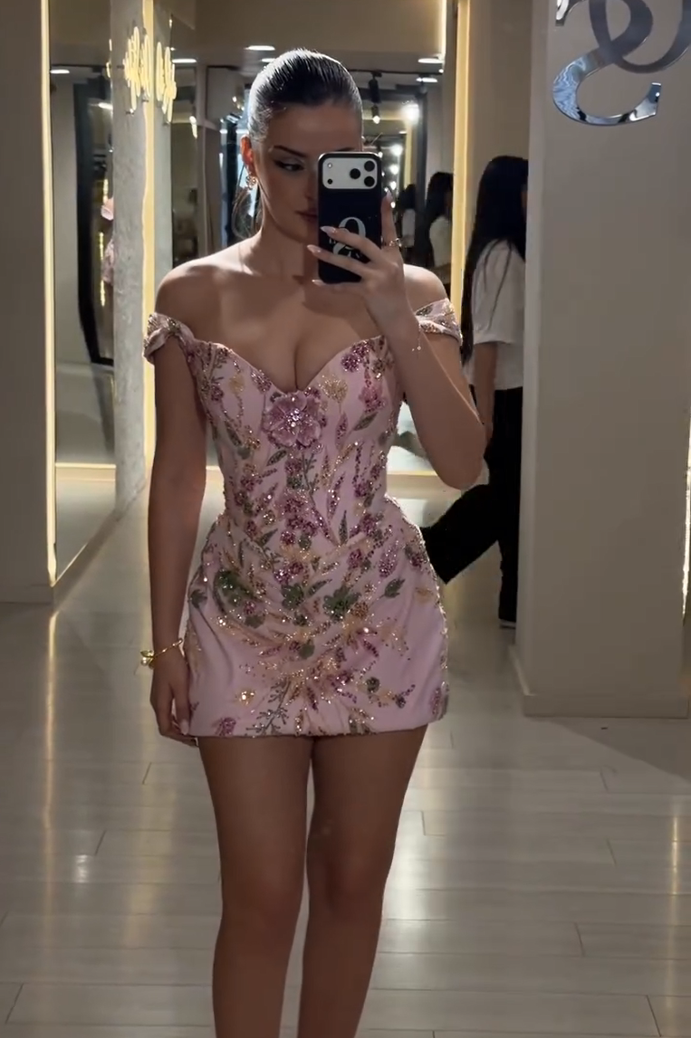 Embroidered Floral Beaded Off-Shoulder Mini Dress