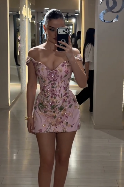 Embroidered Floral Beaded Off-Shoulder Mini Dress