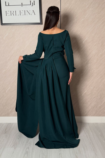 Long Sleeve Maxi Dress with Draped Side Train