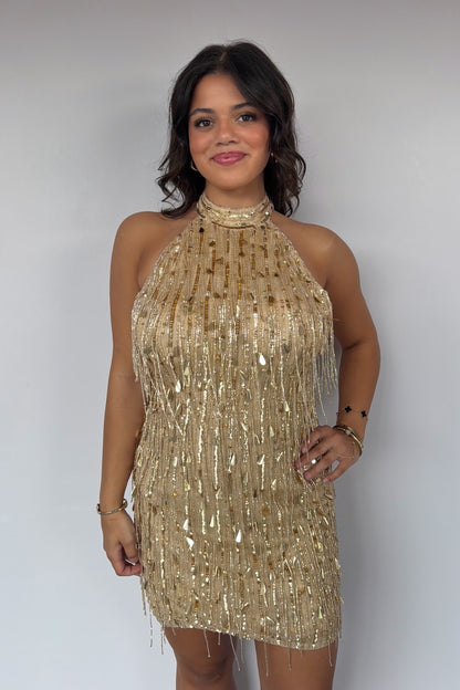 Halter Beaded Fringe Mini Dress with Open Back