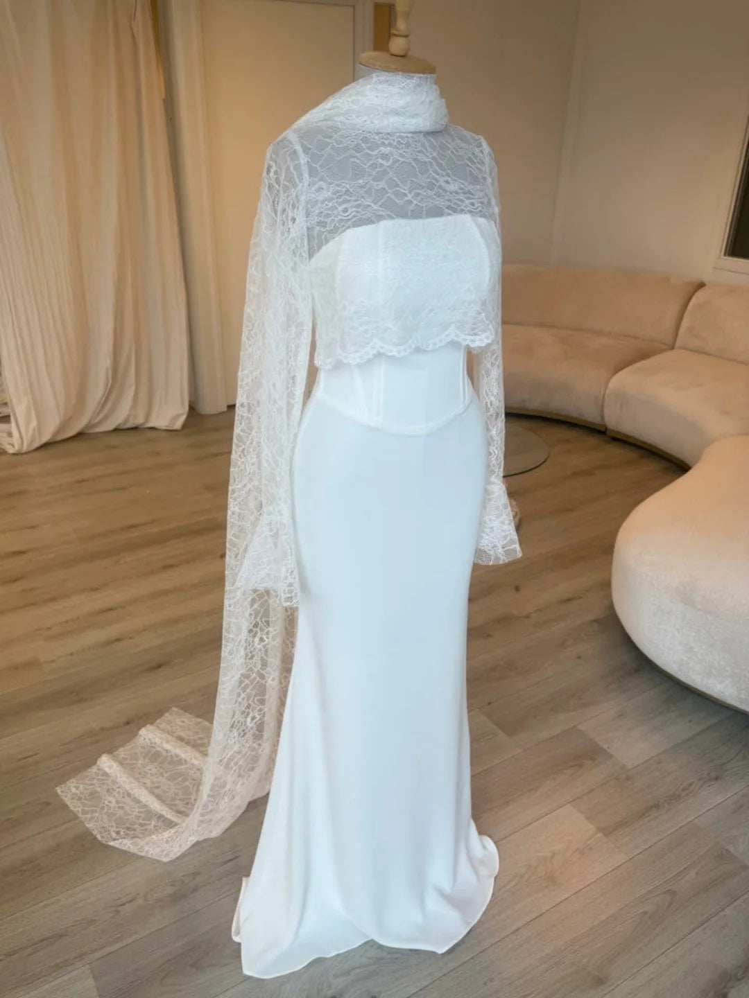 High-Neck Lace Mermaid Gown with Cape
