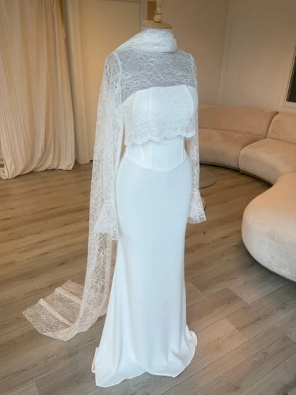 High-Neck Lace Mermaid Gown with Cape