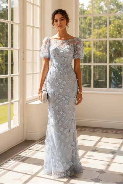 3D Floral Applique Illusion Mermaid Evening Gown