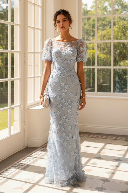 3D Floral Applique Illusion Mermaid Evening Gown