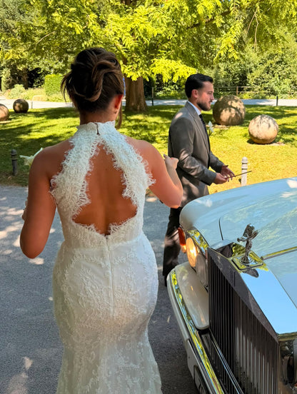 High Neck Open Back Lace Mermaid Wedding Dress