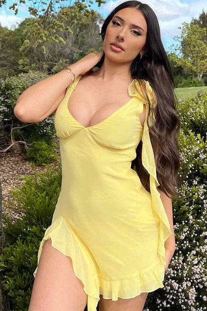 Asymmetrical Ruffle Mini Dress with 3D Flower