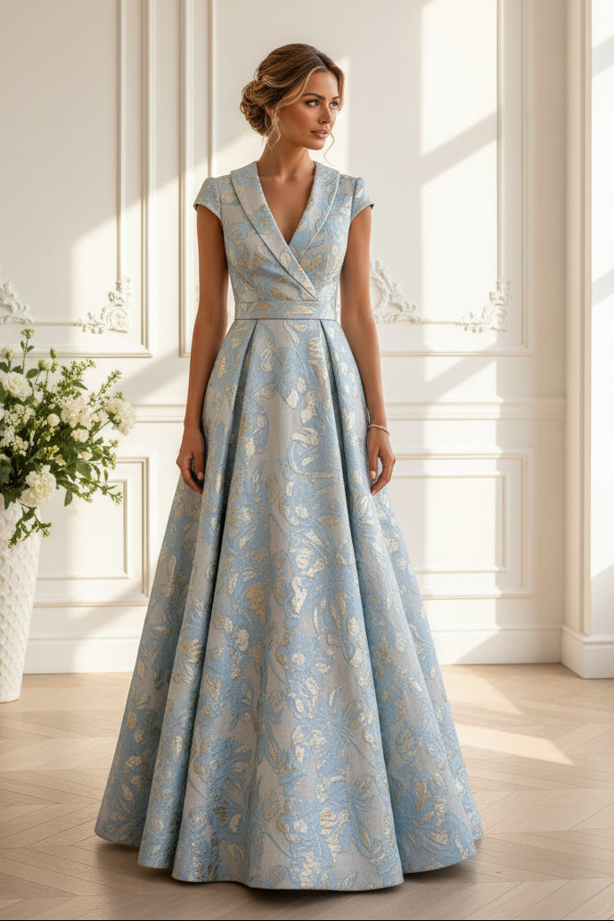 Elegant Cap Sleeve Jacquard A-Line Gown