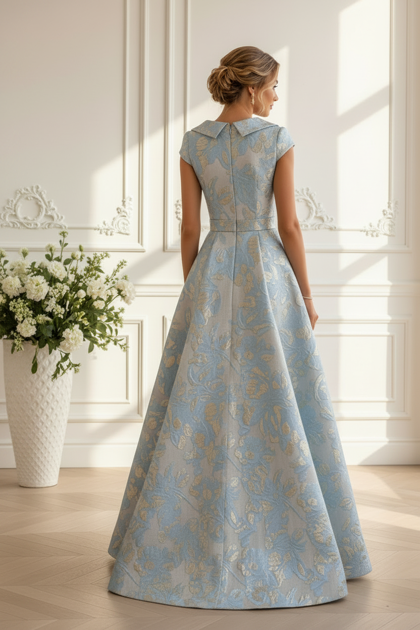 Elegant Cap Sleeve Jacquard A-Line Gown