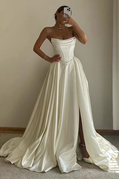 Strapless Corset Satin Wedding Dress with High Slit