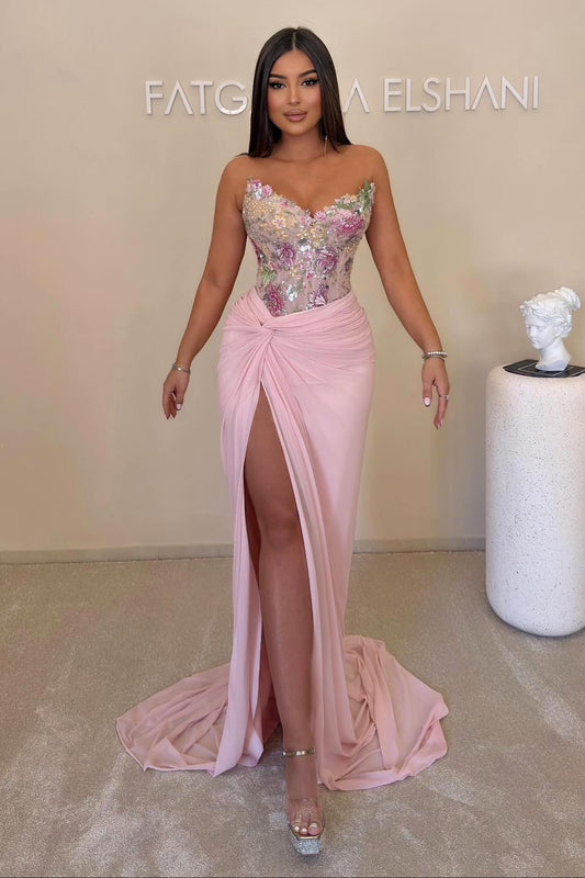 Floral Embroidered Corset Gown with High Slit