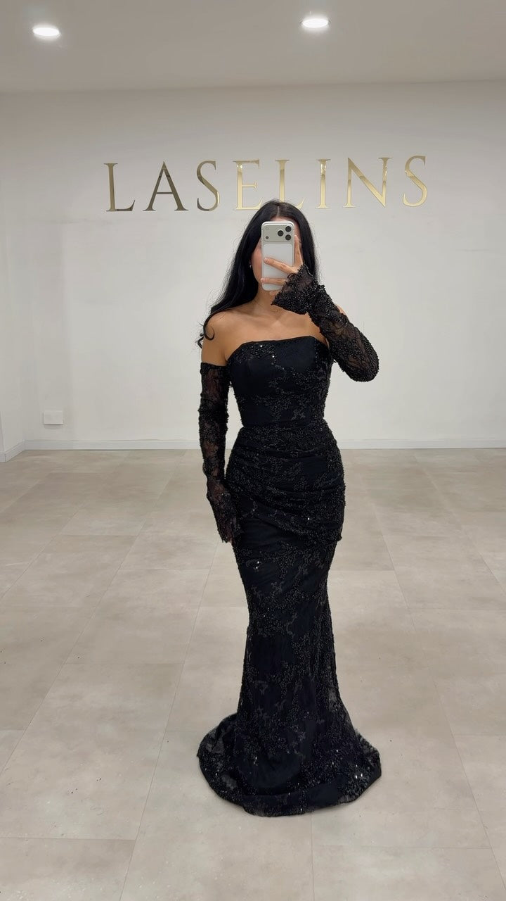 Strapless Beaded Lace Mermaid Evening Gown