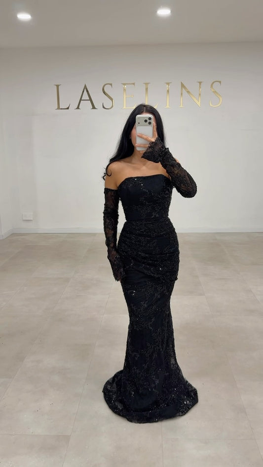 Strapless Beaded Lace Mermaid Evening Gown