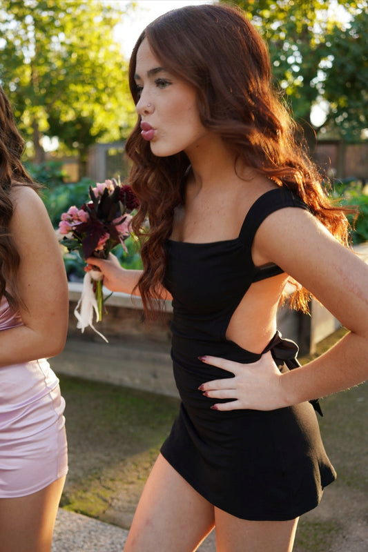 Backless Square Neck Mini Dress with Bow
