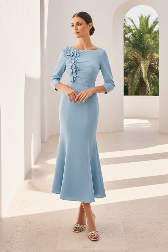 Elegant 3D Floral Crepe Trumpet Midi Dress