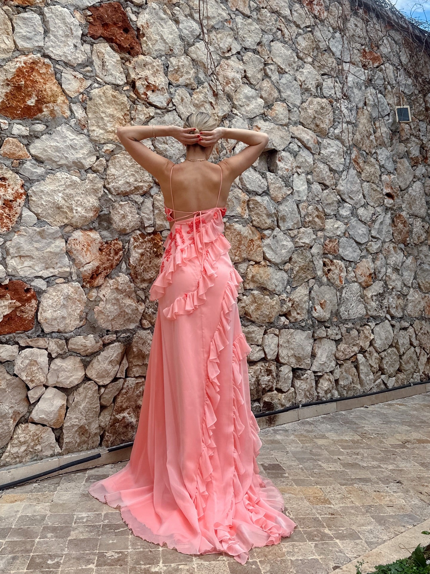 Embroidered Ruffle Maxi Dress with High Slit