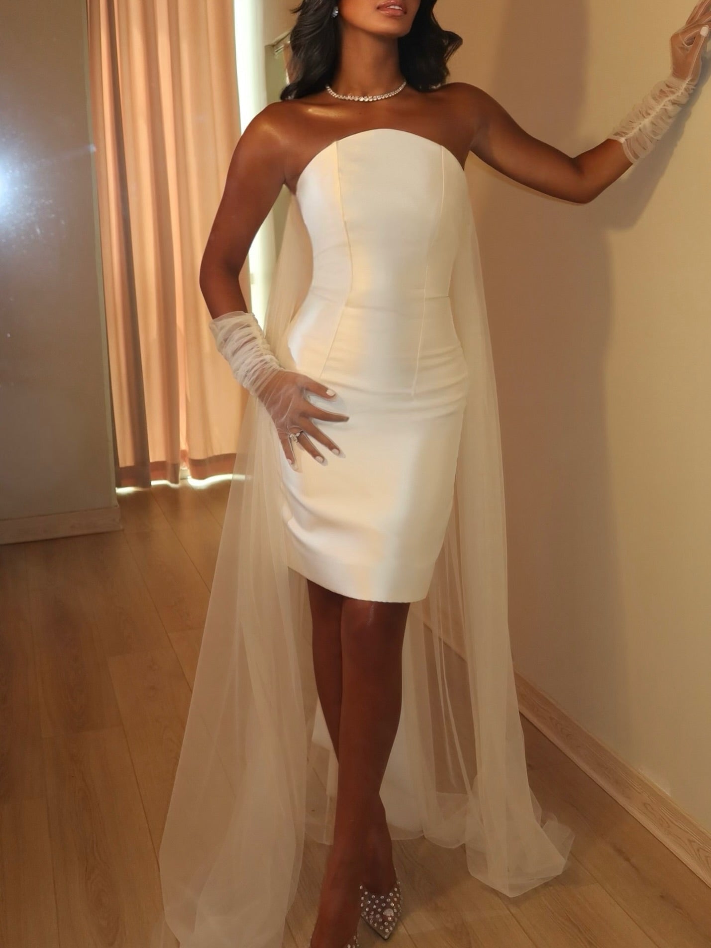 Strapless Satin Mini Bridal Dress with Bow Train